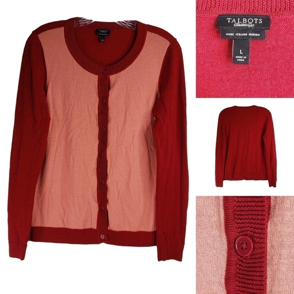 Talbots Women's Large Pink Red 100% Merino Wool LS Button Up Sweater Cardigan